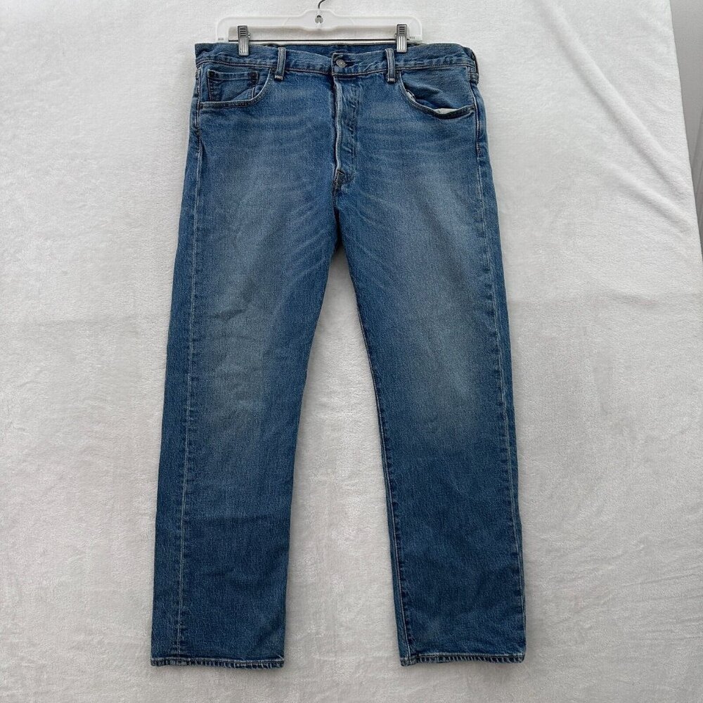 Levis 501 Jeans Mens 38x30 (36x29) Blue Button Fly Straight Leg Stretch Whisker
